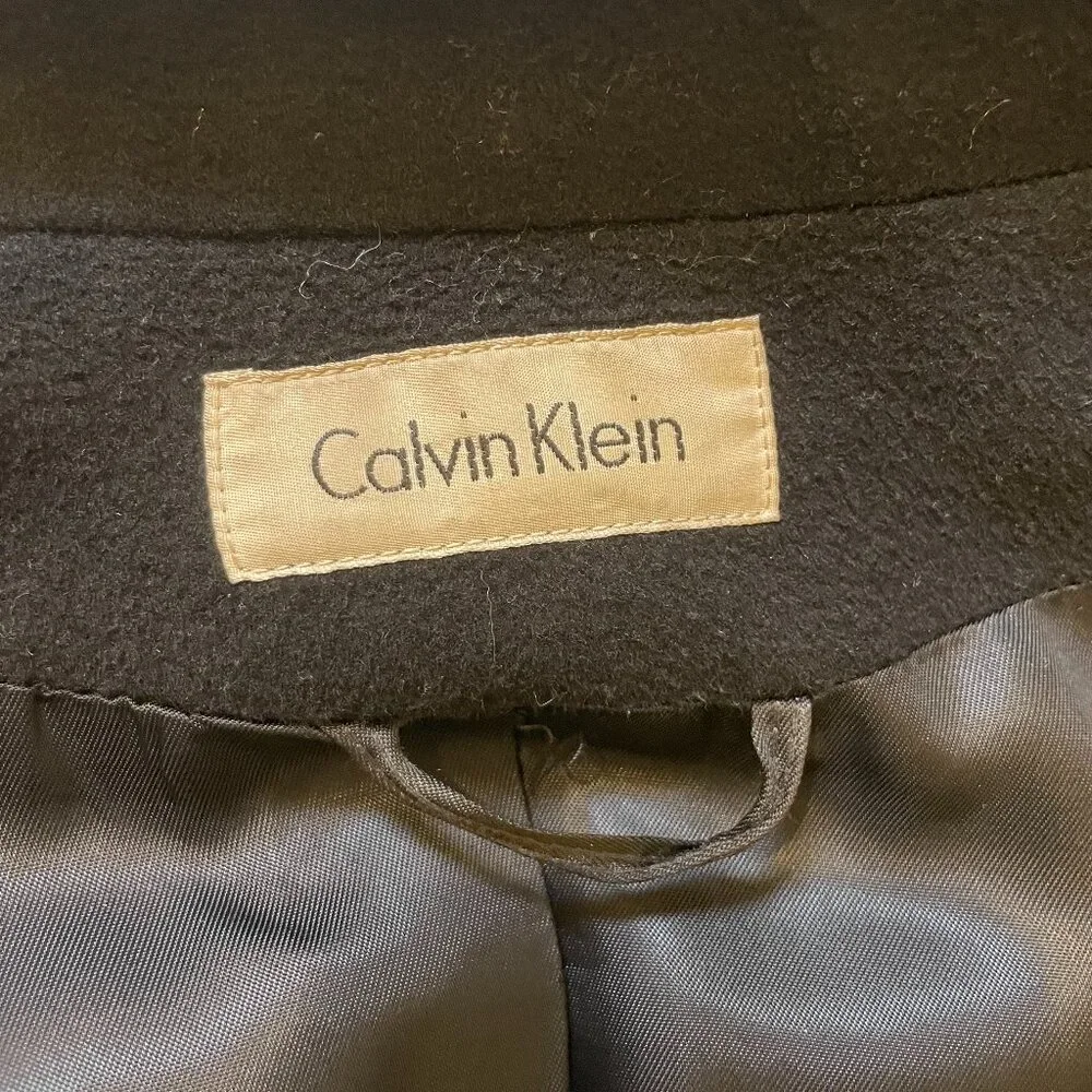 Calvin Klein Maxi Coat Size 12 Vintage 80's Black Double Breast Belt Merino Wool - Picture 12 of 15